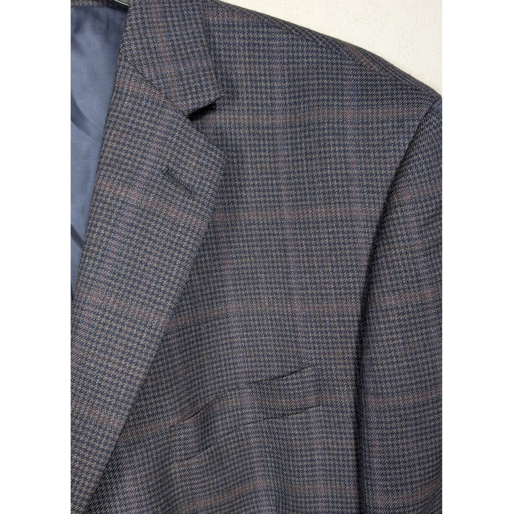 Joseph & Feiss Gold Blazer Men 46R Navy Windowpane Plaid 100% Wool Executive Fit